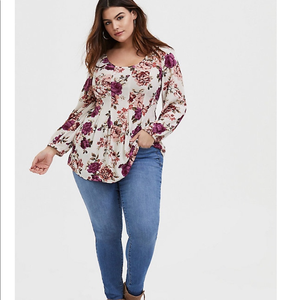 Torrid Ivory Rose Crinkle Gauze Flare Blouse